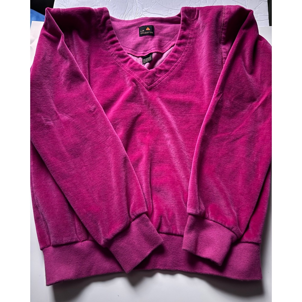 Vintage Liz Claiborne Hot Pink Velour V-Neck Sweatshirt Pullover Magenta Medium